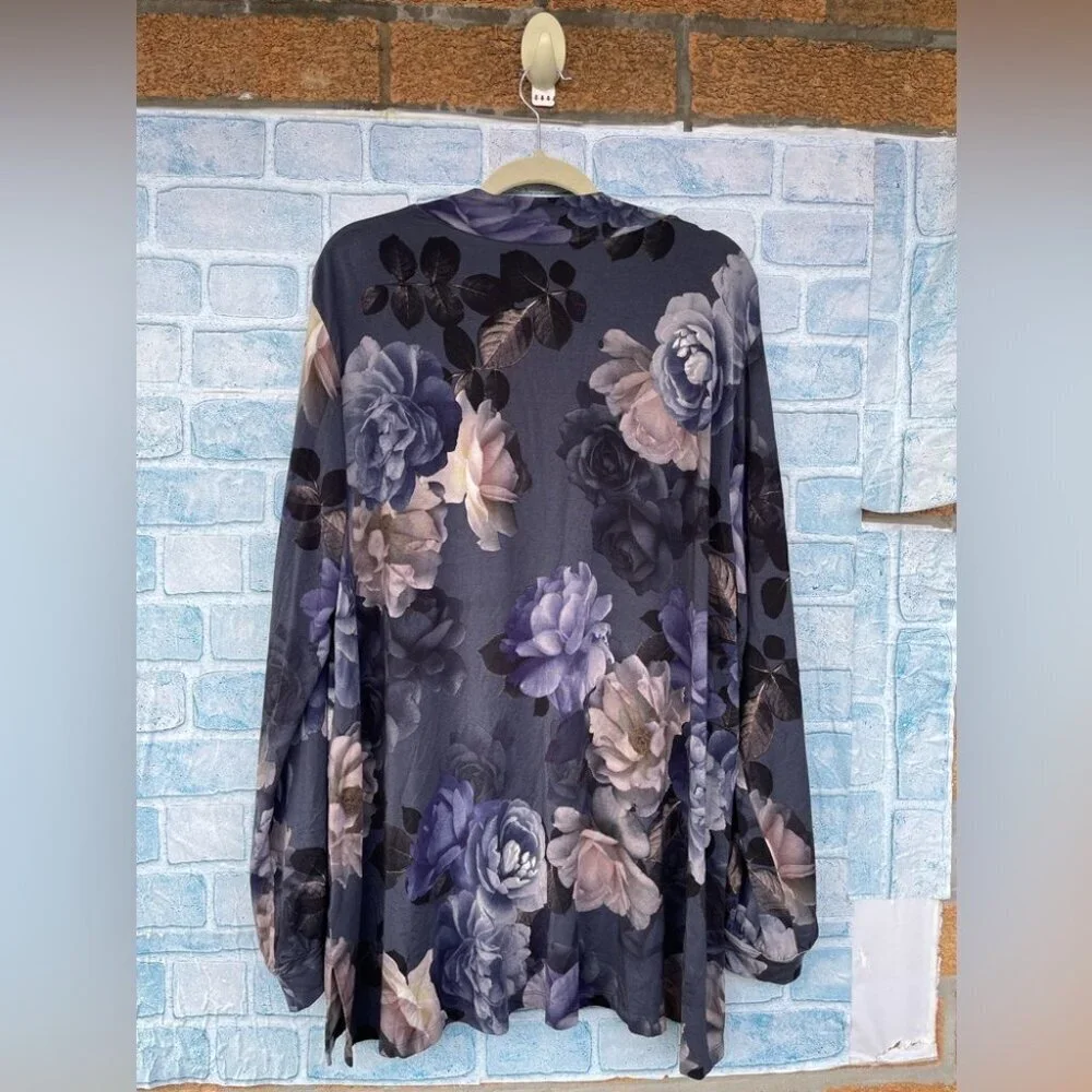 JOHNNY WAS GREY PEONY PUFF SLEEVE MOCK NECK TOP SIZE 3X